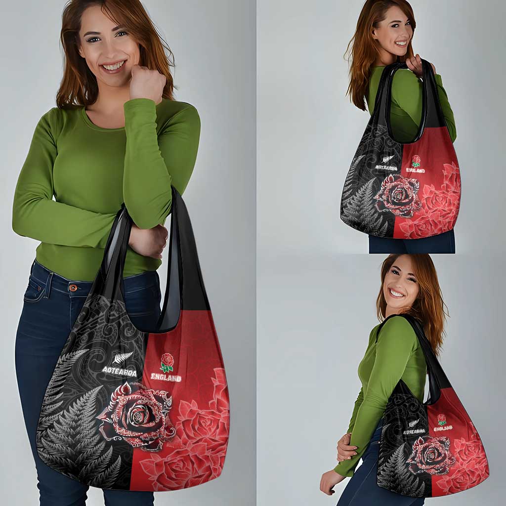 New Zealand And England Rugby Grocery Bag Red Rose Mix Maori Pattern - Wonder Print Shop