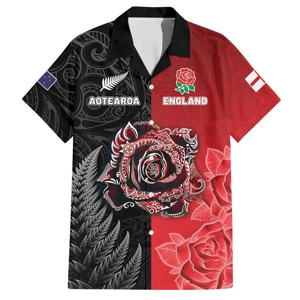 New Zealand And England Rugby Custom Hawaiian Shirt Red Rose Mix Maori Pattern - Wonder Print Shop