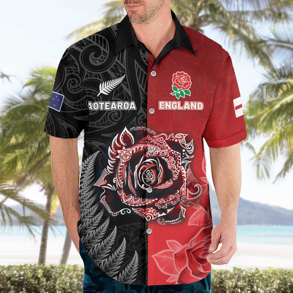 New Zealand And England Rugby Custom Hawaiian Shirt Red Rose Mix Maori Pattern - Wonder Print Shop