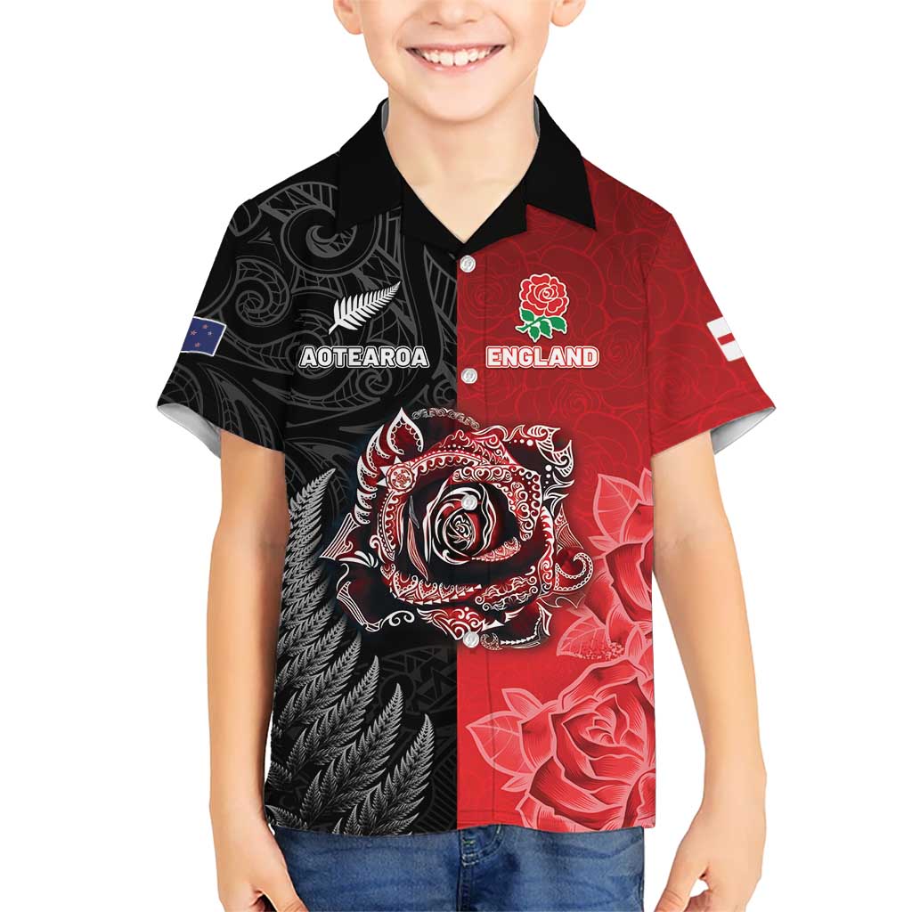 New Zealand And England Rugby Custom Hawaiian Shirt Red Rose Mix Maori Pattern - Wonder Print Shop