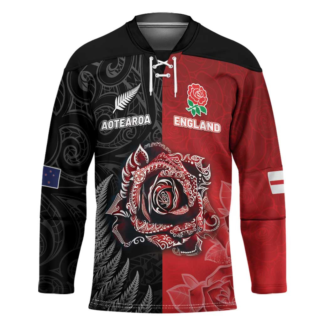 New Zealand And England Rugby Custom Hockey Jersey Red Rose Mix Maori Pattern - Wonder Print Shop