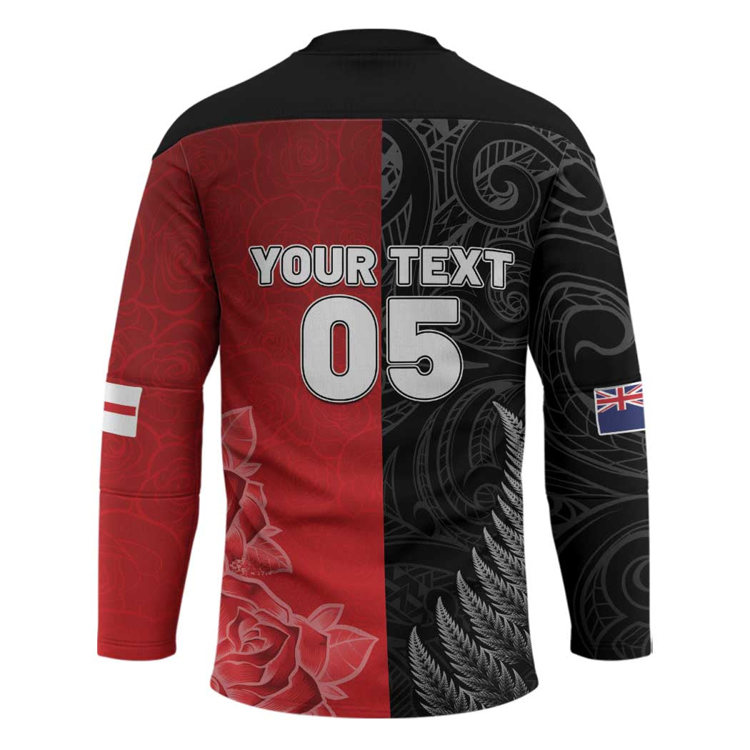 New Zealand And England Rugby Custom Hockey Jersey Red Rose Mix Maori Pattern - Wonder Print Shop