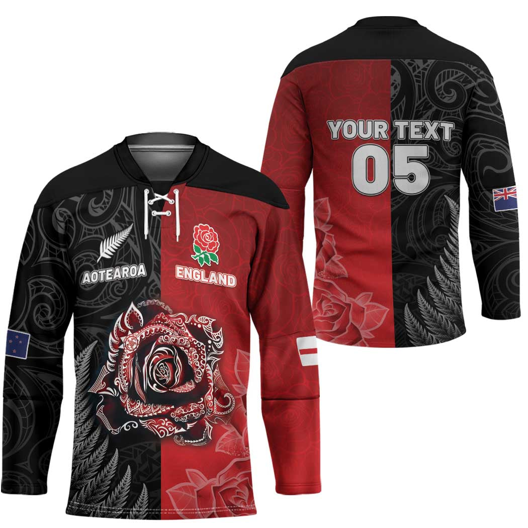 New Zealand And England Rugby Custom Hockey Jersey Red Rose Mix Maori Pattern - Wonder Print Shop