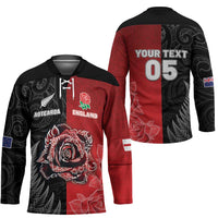 New Zealand And England Rugby Custom Hockey Jersey Red Rose Mix Maori Pattern - Wonder Print Shop