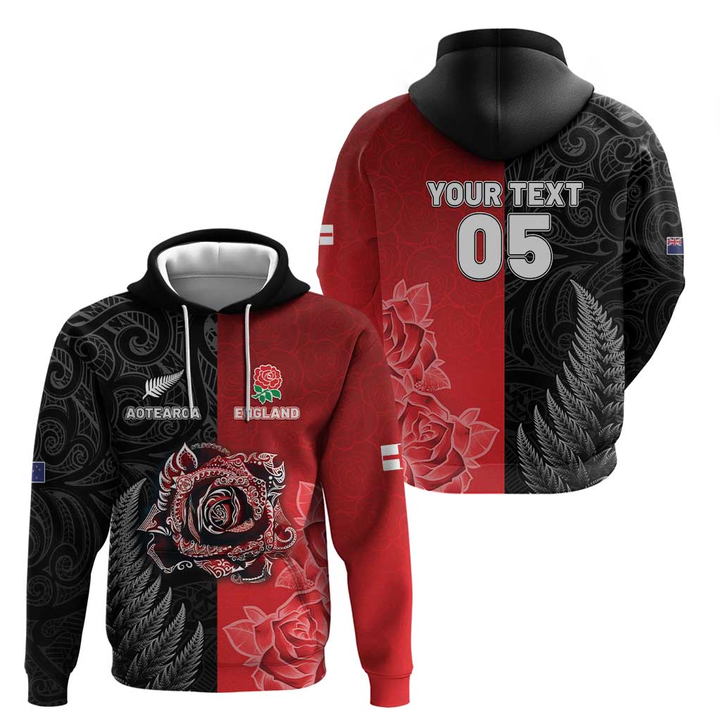 New Zealand And England Rugby Custom Hoodie Red Rose Mix Maori Pattern - Wonder Print Shop