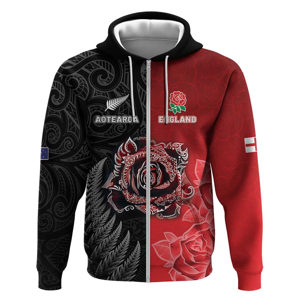 New Zealand And England Rugby Custom Hoodie Red Rose Mix Maori Pattern - Wonder Print Shop