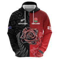 New Zealand And England Rugby Custom Hoodie Red Rose Mix Maori Pattern - Wonder Print Shop