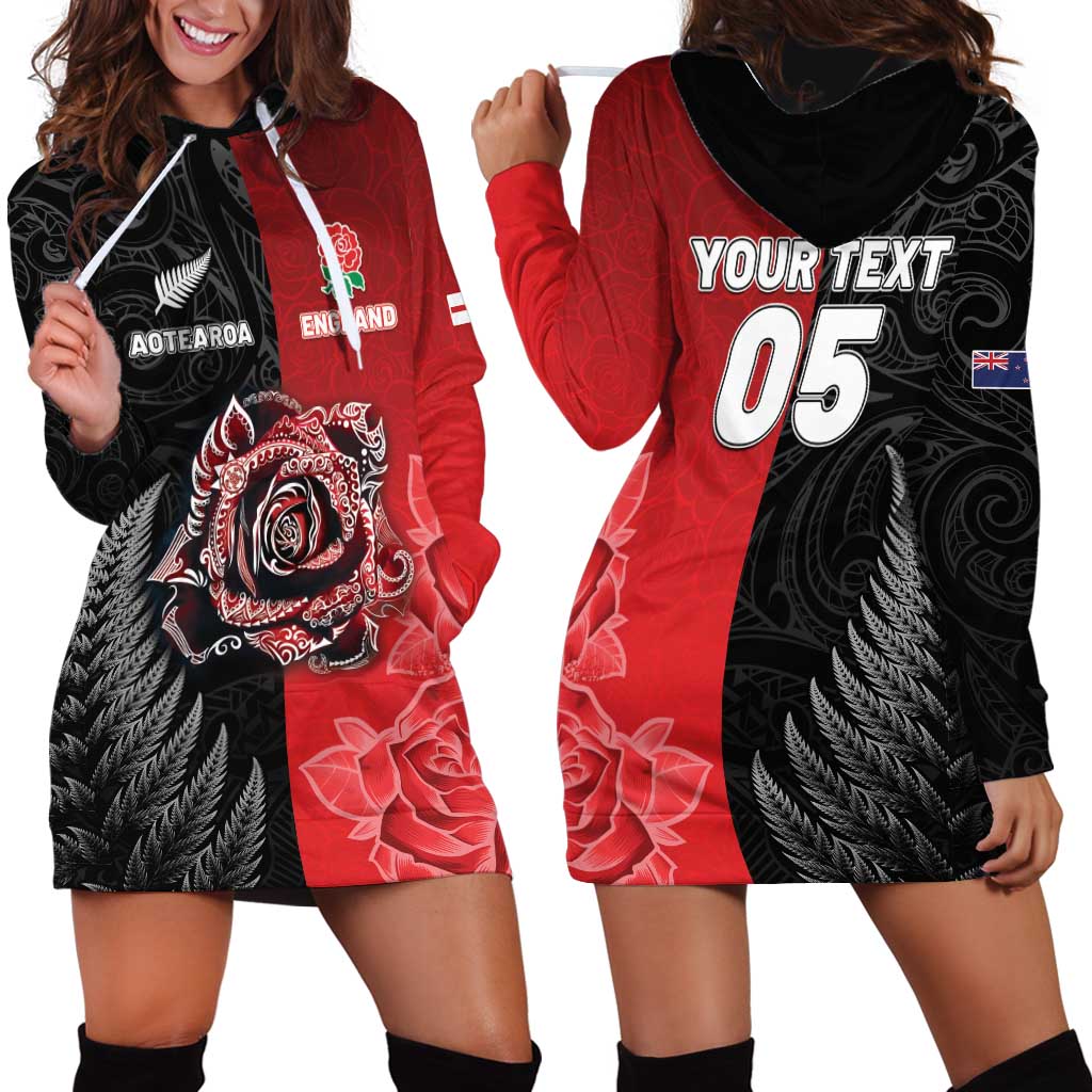 New Zealand And England Rugby Custom Hoodie Dress Red Rose Mix Maori Pattern - Wonder Print Shop