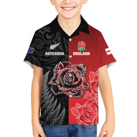 New Zealand And England Rugby Custom Kid Hawaiian Shirt Red Rose Mix Maori Pattern - Wonder Print Shop