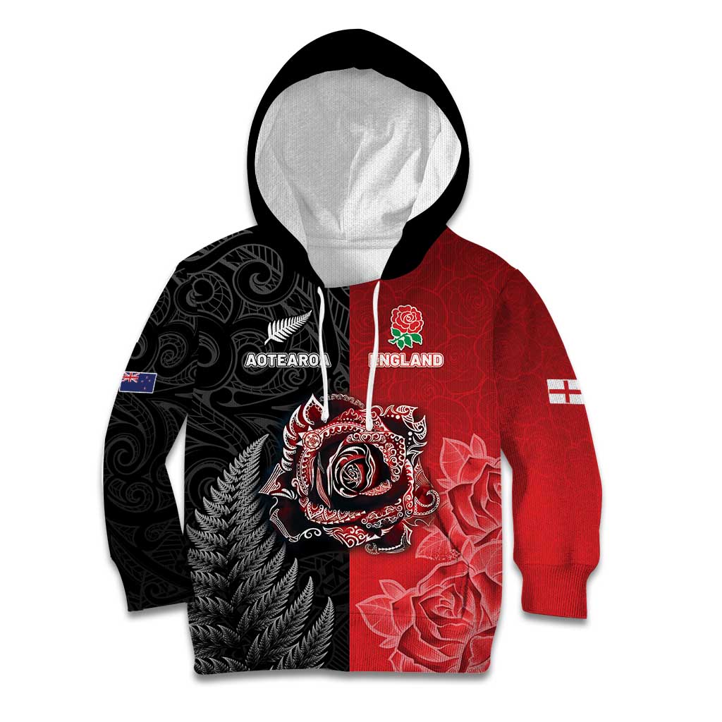 New Zealand And England Rugby Custom Kid Hoodie Red Rose Mix Maori Pattern - Wonder Print Shop