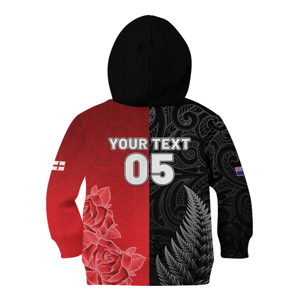 New Zealand And England Rugby Custom Kid Hoodie Red Rose Mix Maori Pattern - Wonder Print Shop
