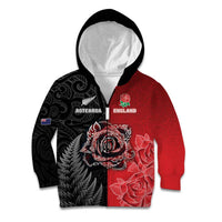 New Zealand And England Rugby Custom Kid Hoodie Red Rose Mix Maori Pattern - Wonder Print Shop