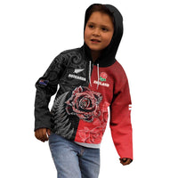New Zealand And England Rugby Custom Kid Hoodie Red Rose Mix Maori Pattern - Wonder Print Shop