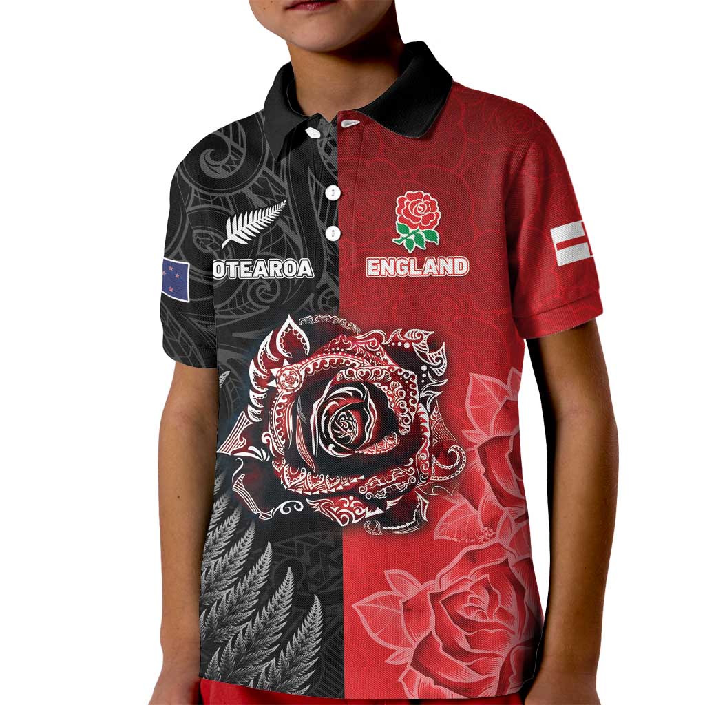 New Zealand And England Rugby Custom Kid Polo Shirt Red Rose Mix Maori Pattern - Wonder Print Shop