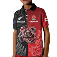New Zealand And England Rugby Custom Kid Polo Shirt Red Rose Mix Maori Pattern - Wonder Print Shop