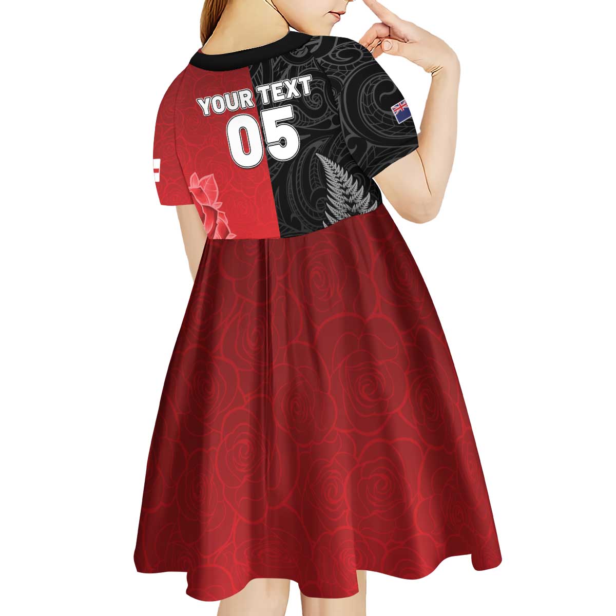 New Zealand And England Rugby Custom Kid Short Sleeve Dress Red Rose Mix Maori Pattern - Wonder Print Shop