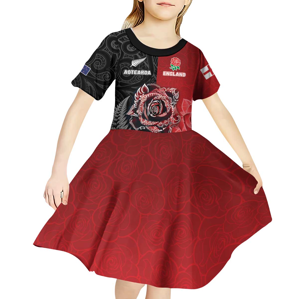 New Zealand And England Rugby Custom Kid Short Sleeve Dress Red Rose Mix Maori Pattern - Wonder Print Shop