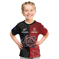 New Zealand And England Rugby Custom Kid T Shirt Red Rose Mix Maori Pattern - Wonder Print Shop