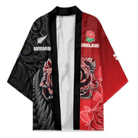 New Zealand And England Rugby Custom Kimono Red Rose Mix Maori Pattern - Wonder Print Shop