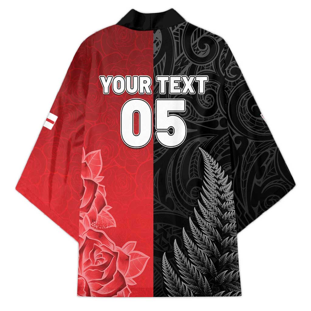 New Zealand And England Rugby Custom Kimono Red Rose Mix Maori Pattern - Wonder Print Shop