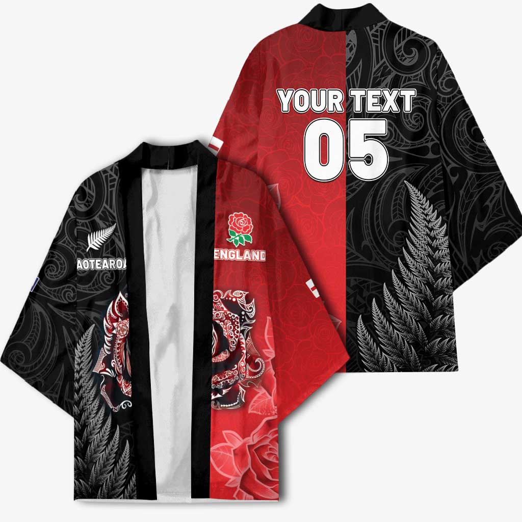 New Zealand And England Rugby Custom Kimono Red Rose Mix Maori Pattern - Wonder Print Shop
