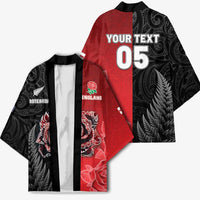 New Zealand And England Rugby Custom Kimono Red Rose Mix Maori Pattern - Wonder Print Shop