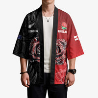 New Zealand And England Rugby Custom Kimono Red Rose Mix Maori Pattern - Wonder Print Shop