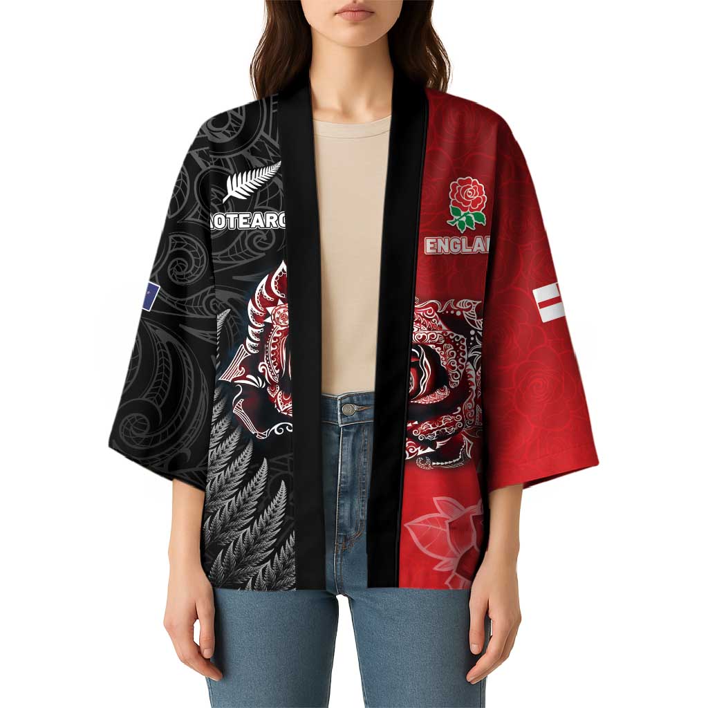 New Zealand And England Rugby Custom Kimono Red Rose Mix Maori Pattern - Wonder Print Shop