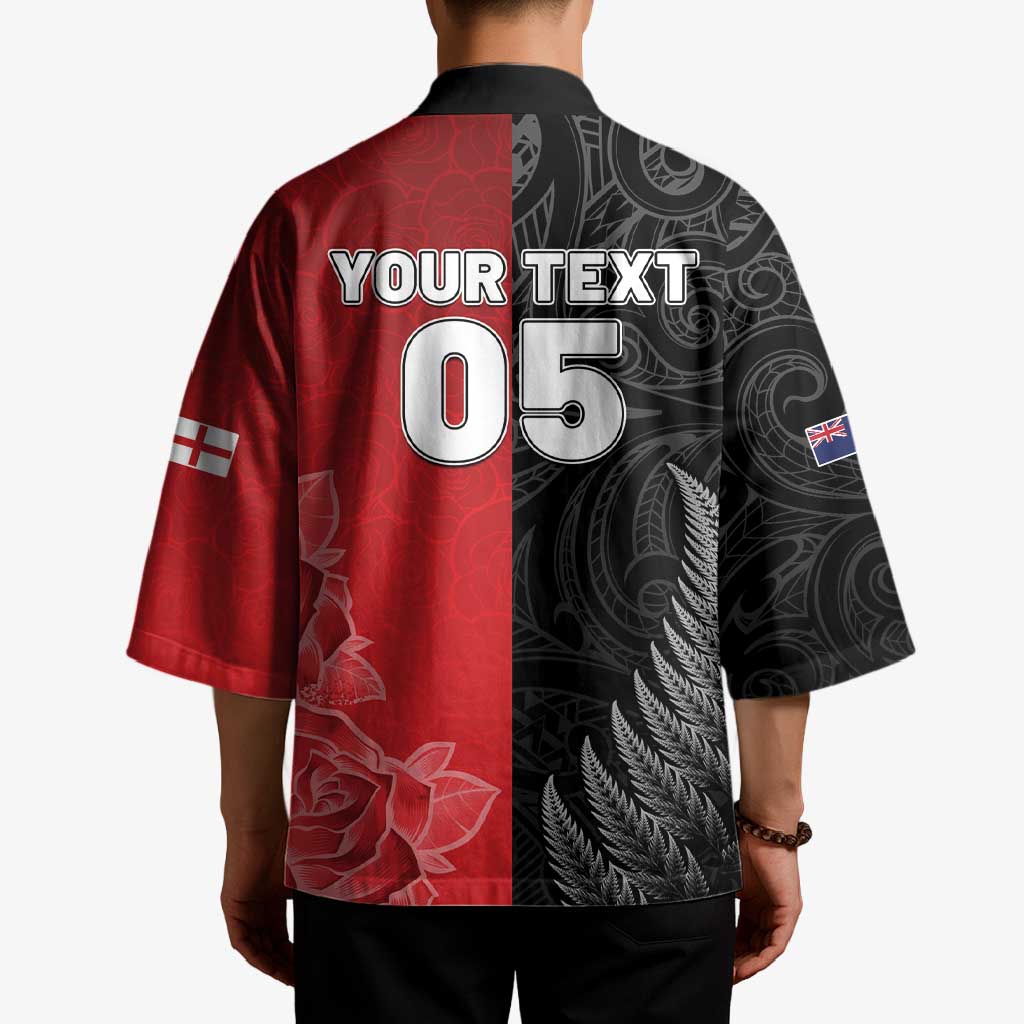 New Zealand And England Rugby Custom Kimono Red Rose Mix Maori Pattern - Wonder Print Shop