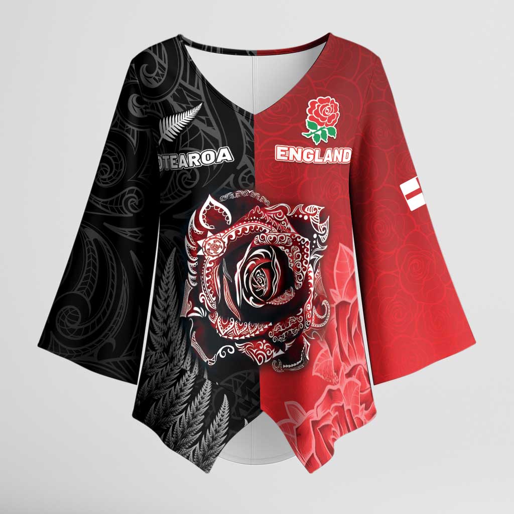 New Zealand And England Rugby Custom Kimono Sleeve Blouse Red Rose Mix Maori Pattern - Wonder Print Shop