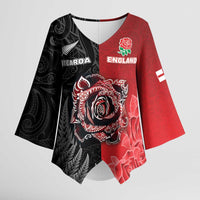 New Zealand And England Rugby Custom Kimono Sleeve Blouse Red Rose Mix Maori Pattern - Wonder Print Shop