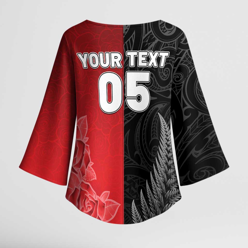 New Zealand And England Rugby Custom Kimono Sleeve Blouse Red Rose Mix Maori Pattern - Wonder Print Shop