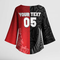New Zealand And England Rugby Custom Kimono Sleeve Blouse Red Rose Mix Maori Pattern - Wonder Print Shop