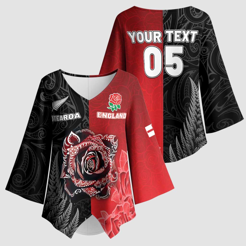 New Zealand And England Rugby Custom Kimono Sleeve Blouse Red Rose Mix Maori Pattern - Wonder Print Shop