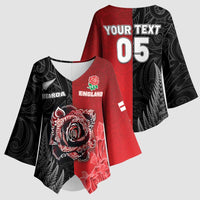 New Zealand And England Rugby Custom Kimono Sleeve Blouse Red Rose Mix Maori Pattern - Wonder Print Shop