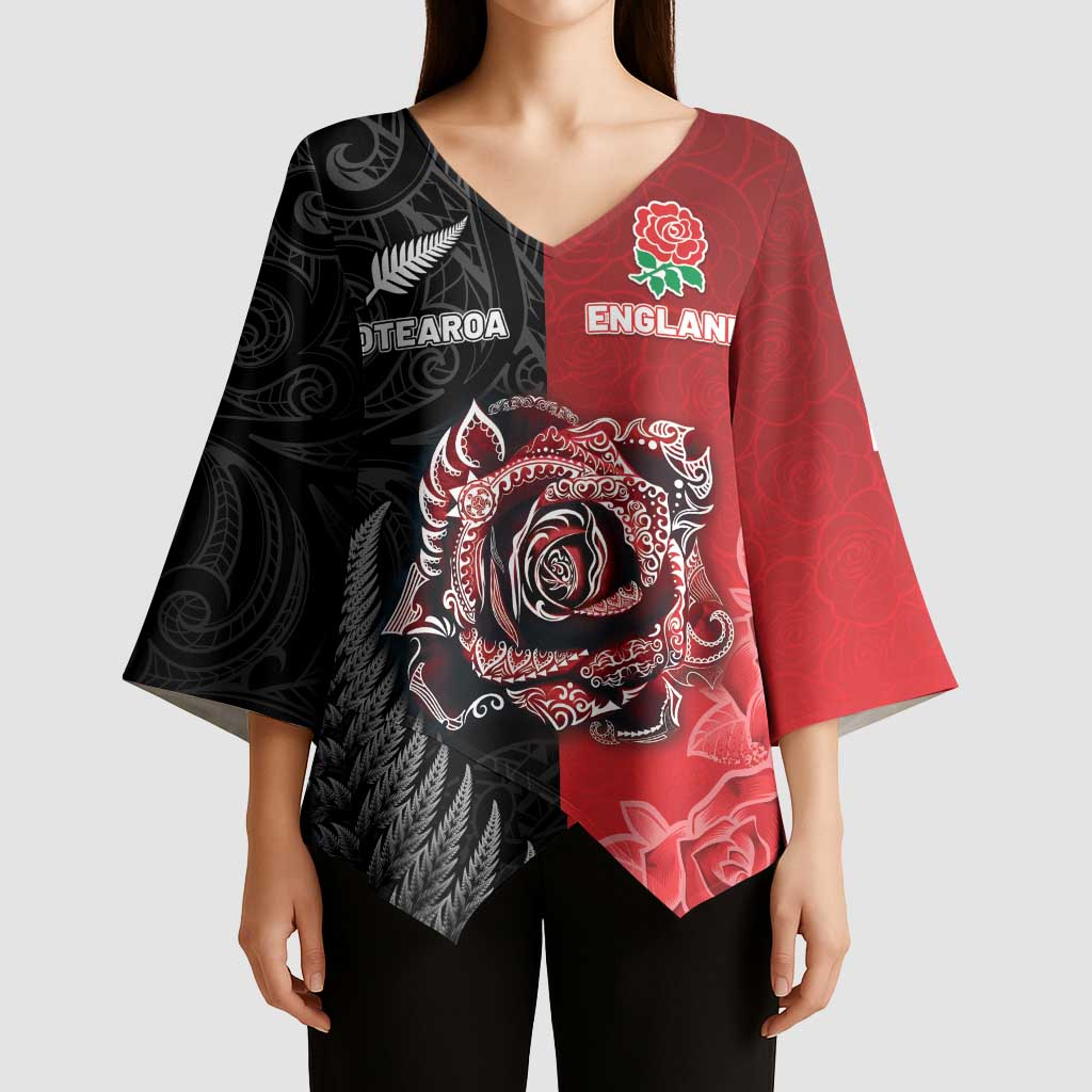 New Zealand And England Rugby Custom Kimono Sleeve Blouse Red Rose Mix Maori Pattern - Wonder Print Shop