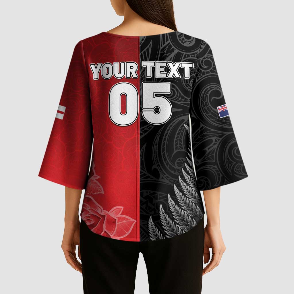 New Zealand And England Rugby Custom Kimono Sleeve Blouse Red Rose Mix Maori Pattern - Wonder Print Shop
