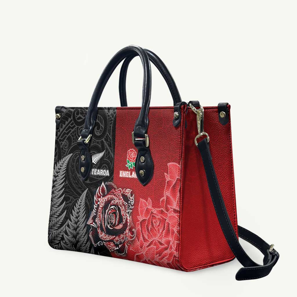 New Zealand And England Rugby Leather Bag Red Rose Mix Maori Pattern - Wonder Print Shop