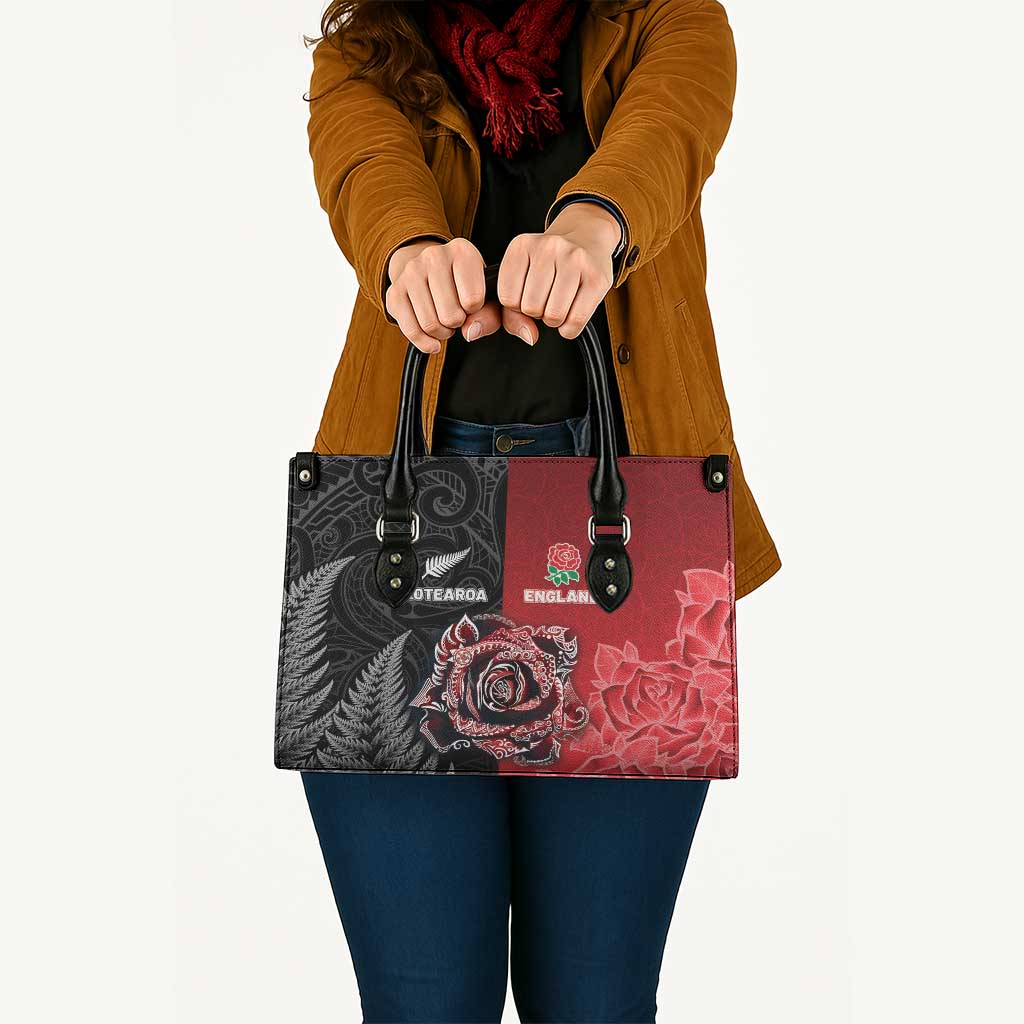 New Zealand And England Rugby Leather Bag Red Rose Mix Maori Pattern - Wonder Print Shop