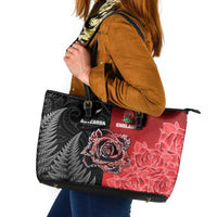 New Zealand And England Rugby Leather Tote Bag Red Rose Mix Maori Pattern - Wonder Print Shop