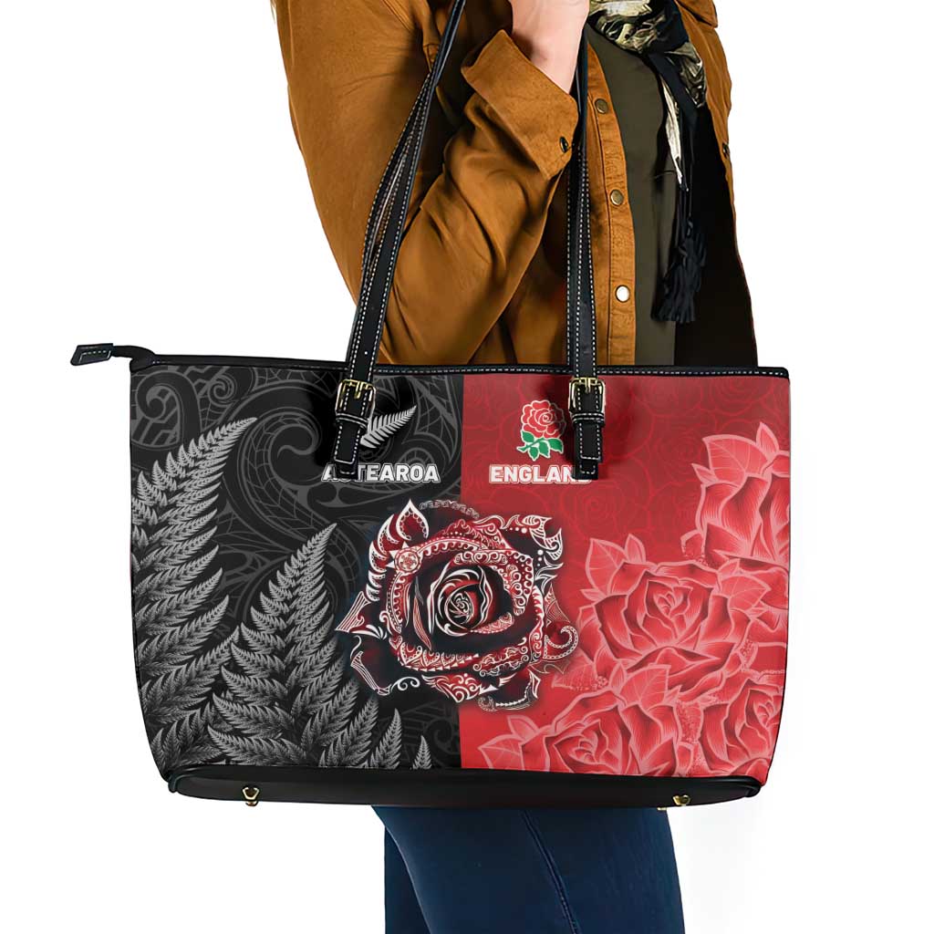 New Zealand And England Rugby Leather Tote Bag Red Rose Mix Maori Pattern - Wonder Print Shop