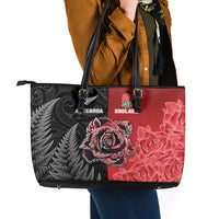 New Zealand And England Rugby Leather Tote Bag Red Rose Mix Maori Pattern - Wonder Print Shop