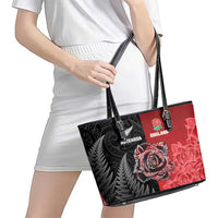 New Zealand And England Rugby Leather Tote Bag Red Rose Mix Maori Pattern - Wonder Print Shop