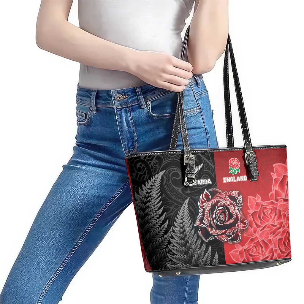New Zealand And England Rugby Leather Tote Bag Red Rose Mix Maori Pattern - Wonder Print Shop