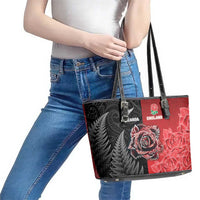 New Zealand And England Rugby Leather Tote Bag Red Rose Mix Maori Pattern - Wonder Print Shop