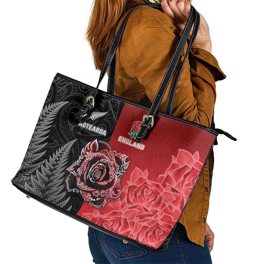 New Zealand And England Rugby Leather Tote Bag Red Rose Mix Maori Pattern - Wonder Print Shop