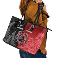 New Zealand And England Rugby Leather Tote Bag Red Rose Mix Maori Pattern - Wonder Print Shop