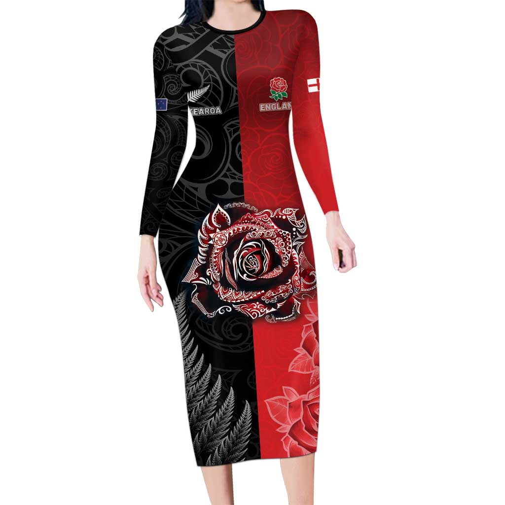 New Zealand And England Rugby Custom Long Sleeve Bodycon Dress Red Rose Mix Maori Pattern - Wonder Print Shop
