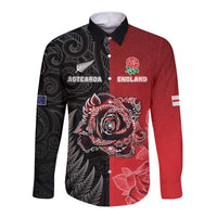 New Zealand And England Rugby Custom Long Sleeve Button Shirt Red Rose Mix Maori Pattern - Wonder Print Shop