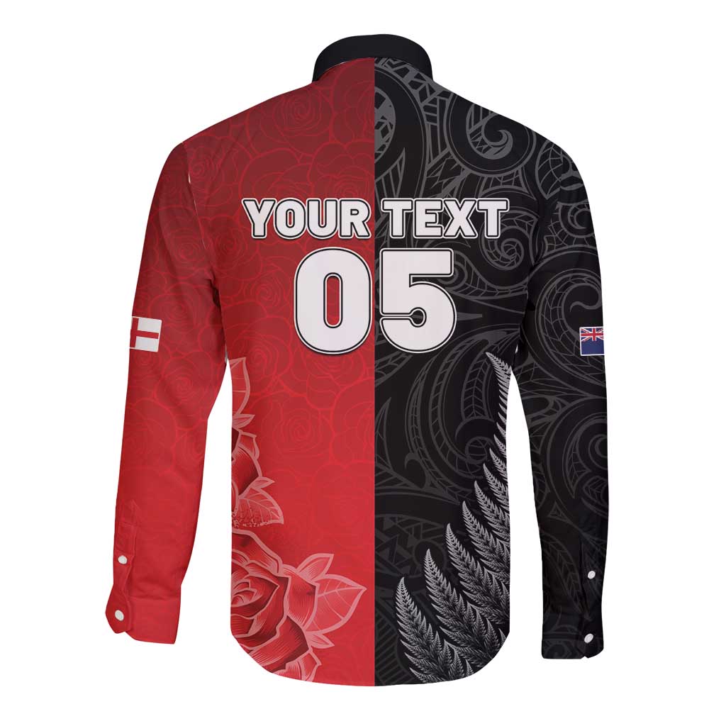 New Zealand And England Rugby Custom Long Sleeve Button Shirt Red Rose Mix Maori Pattern - Wonder Print Shop